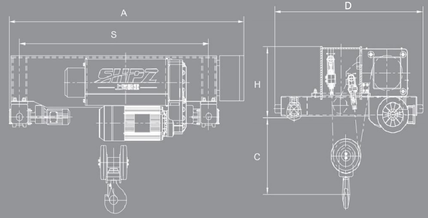 European-Style Double Girder Wire Rope Electric Hoist Dimensional Diagram