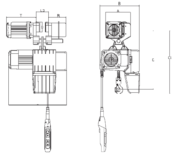 European Electric Chain Hoist with Electric Trolley Dimensional Diagram