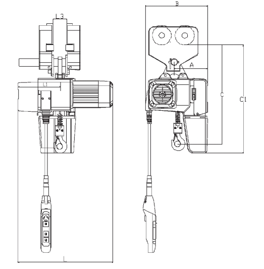European Electric Chain Hoist With Manual Trolley Dimensional Diagram