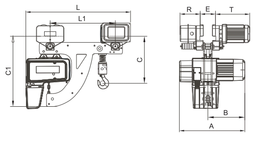 European Low Headroom Type Electric Chain Hoist Dimensional Diagram