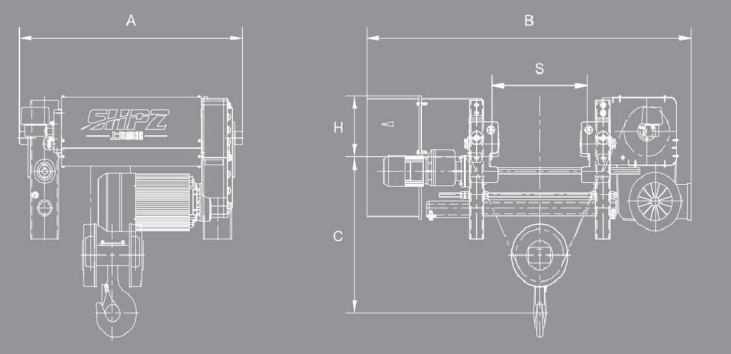 European Style Single Wire Rope Electric Hoist Dimensional Diagram
