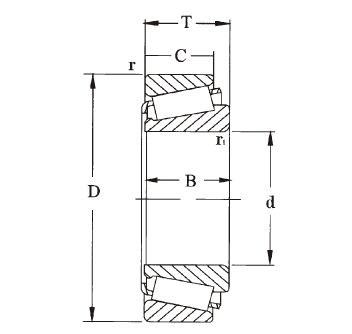 single row tapered roller bearing technical drawing with key dimensions labeled