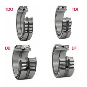 Four types double row tapered roller bearings marked TDO, TDI, DB, DF showing mounting arrangement difference