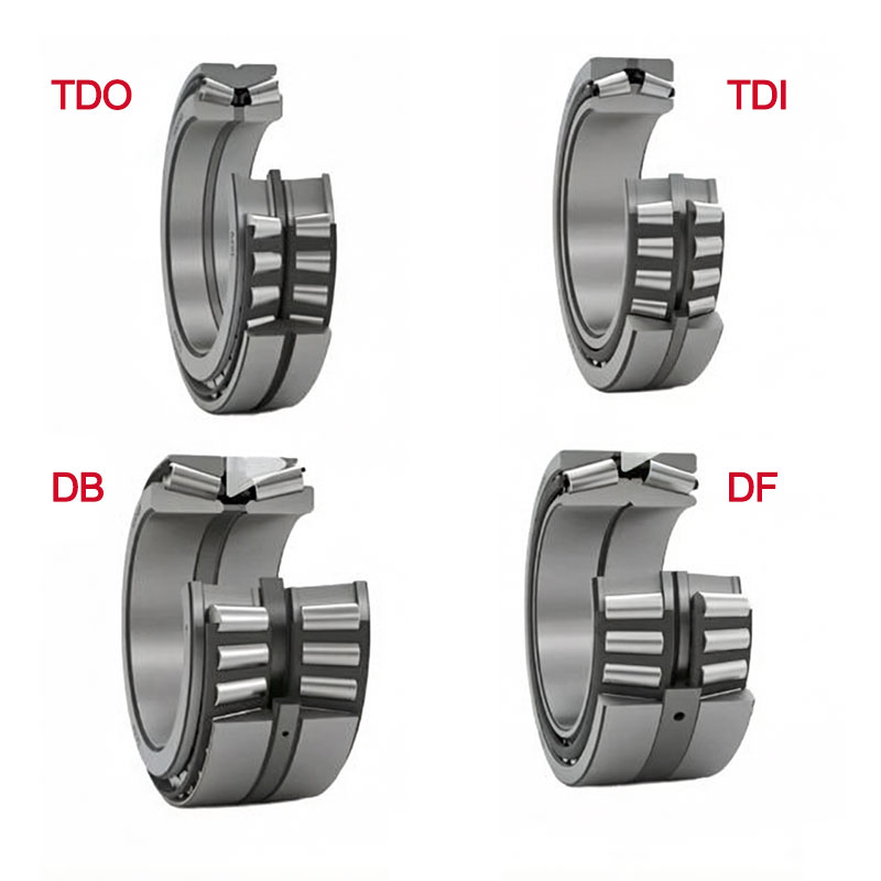 Four types double row tapered roller bearings marked TDO, TDI, DB, DF showing mounting arrangement difference