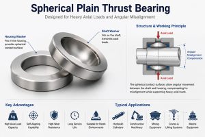 Spherical plain thrust bearing structure, working principle and industrial applications